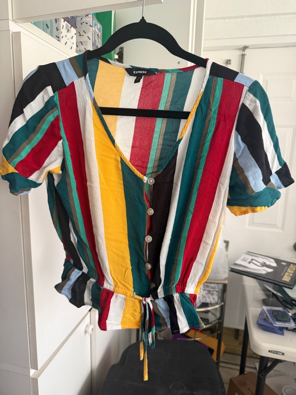 Express Multicolor Striped V-Neck Button Tie-Hem Top